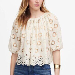 Madewell Embroidered Floral Cutouts Shirred Puff-Sleeve Top Cream Size XL NWT